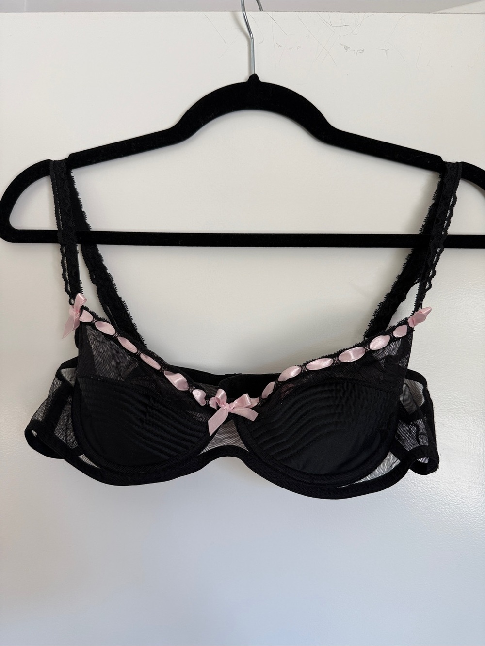 Agent Provocateur Claira Plunge Balconette Black Bra with Pink Ribbon Trim